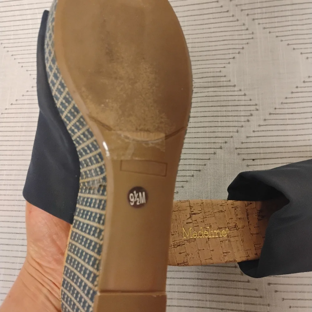 Madeline Blue Wedge Sandals with Patterned Heel Women's Size 9.5